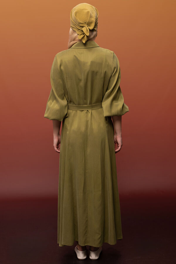 Kemer ve Düğme Detalı Cupro Keten Elbise Olive - 6