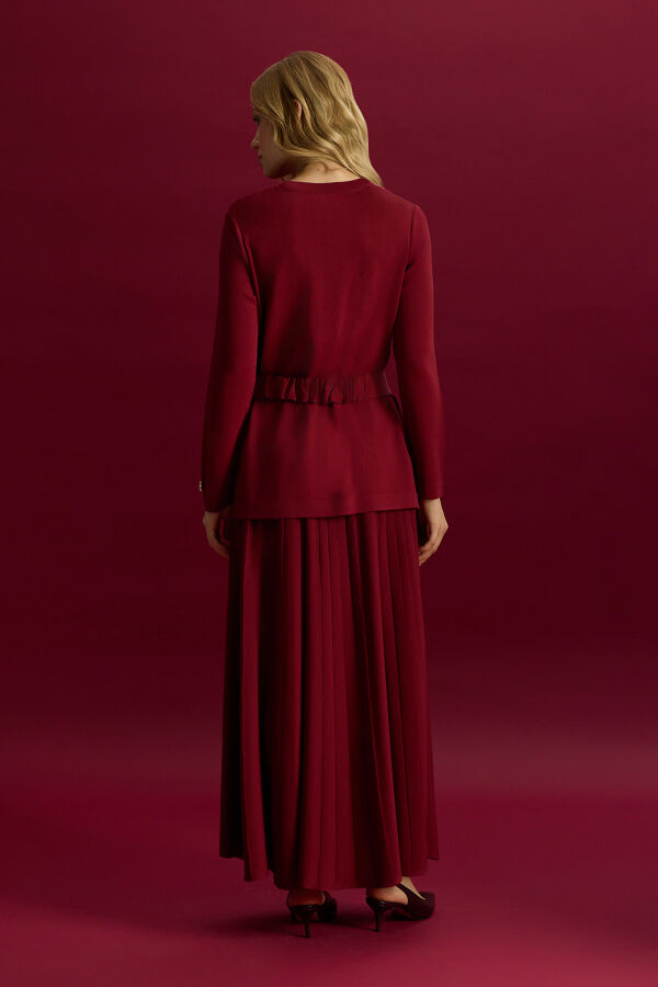 Kemerli Pile Detaylı Cupro Tunik Cherry - 3