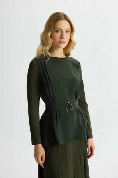 Kemerli Pile Detaylı Cupro Tunik Haki 
