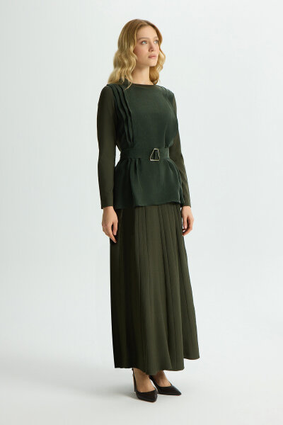 Kemerli Pile Detaylı Cupro Tunik Haki - 4