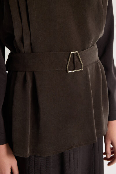 Kemerli Pile Detaylı Cupro Tunik Kahverengi - 3