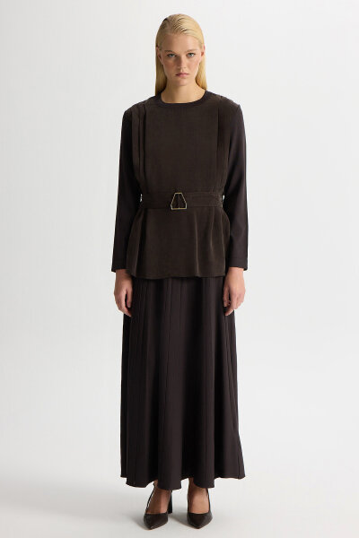 Kemerli Pile Detaylı Cupro Tunik Kahverengi - 2