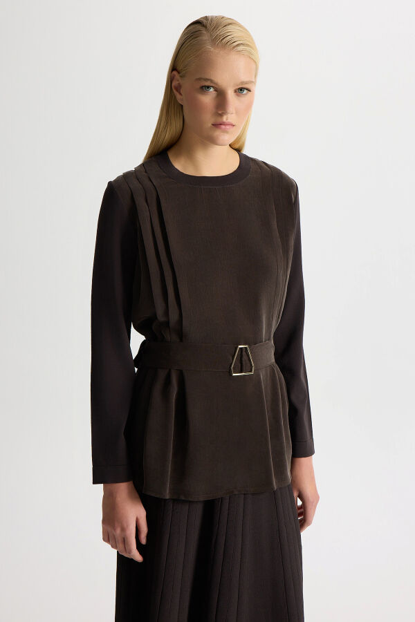 Kemerli Pile Detaylı Cupro Tunik Kahverengi - 1