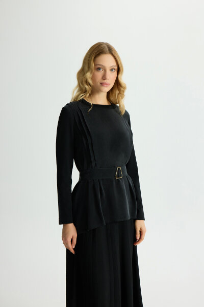 Kemerli Pile Detaylı Cupro Tunik Siyah - MISS DALIDA