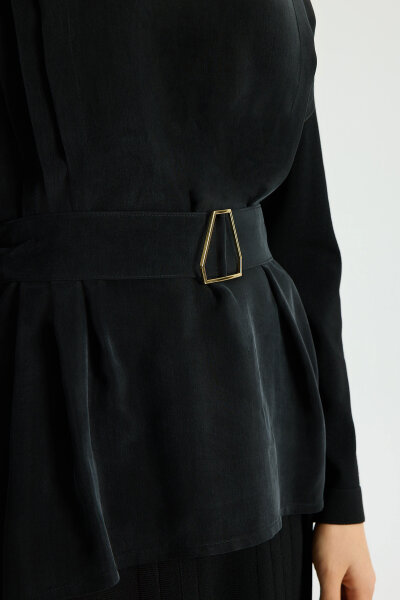 Kemerli Pile Detaylı Cupro Tunik Siyah - MISS DALIDA (1)