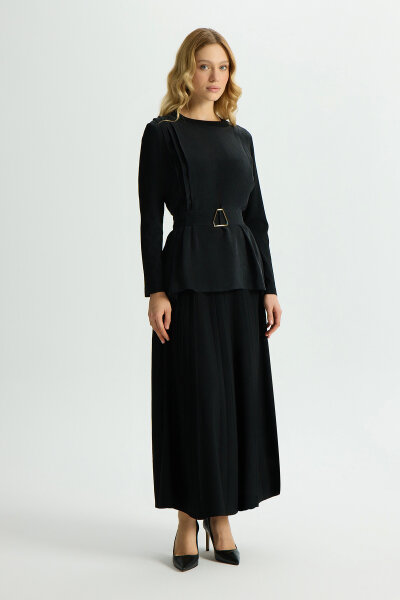 Kemerli Pile Detaylı Cupro Tunik Siyah - 5