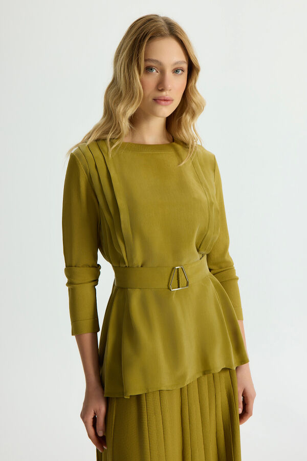 Kemerli Pile Detaylı Cupro Tunik Amber - 2