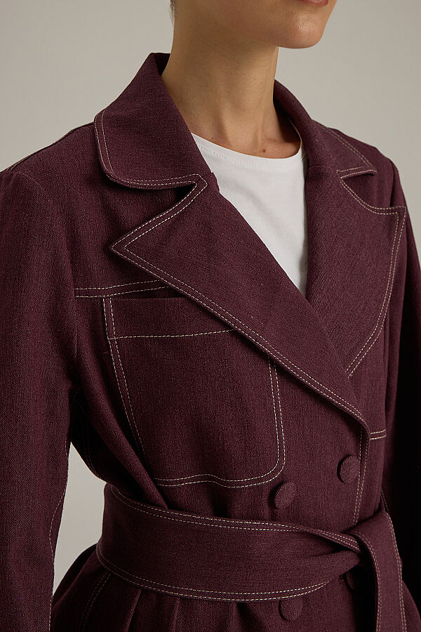 Kendinden Kuşaklı Denim Kısa Ceket Bordo - 6
