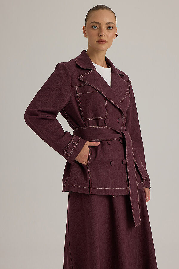 Kendinden Kuşaklı Denim Kısa Ceket Bordo - 4