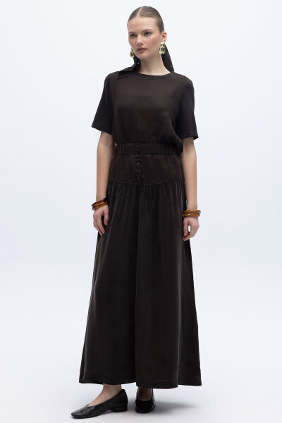 Keten Korsajlı Cupro Etek Kahverengi - 3