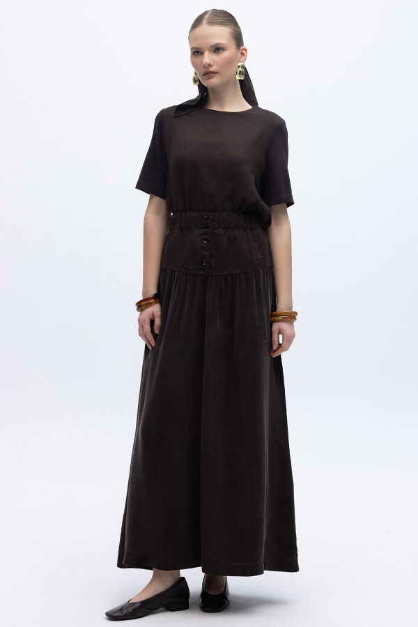 Keten Korsajlı Cupro Etek Kahverengi - 3