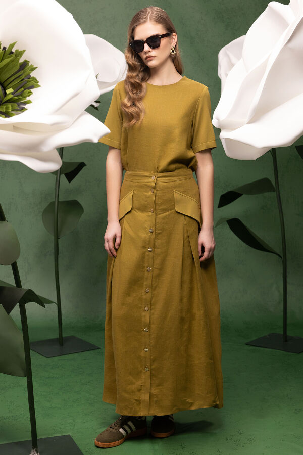 Kısa Kollu Keten Basic Tunik Amber - 3