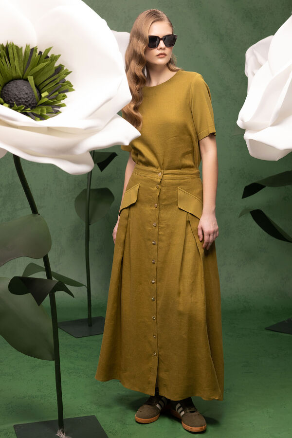 Kısa Kollu Keten Basic Tunik Amber - 4