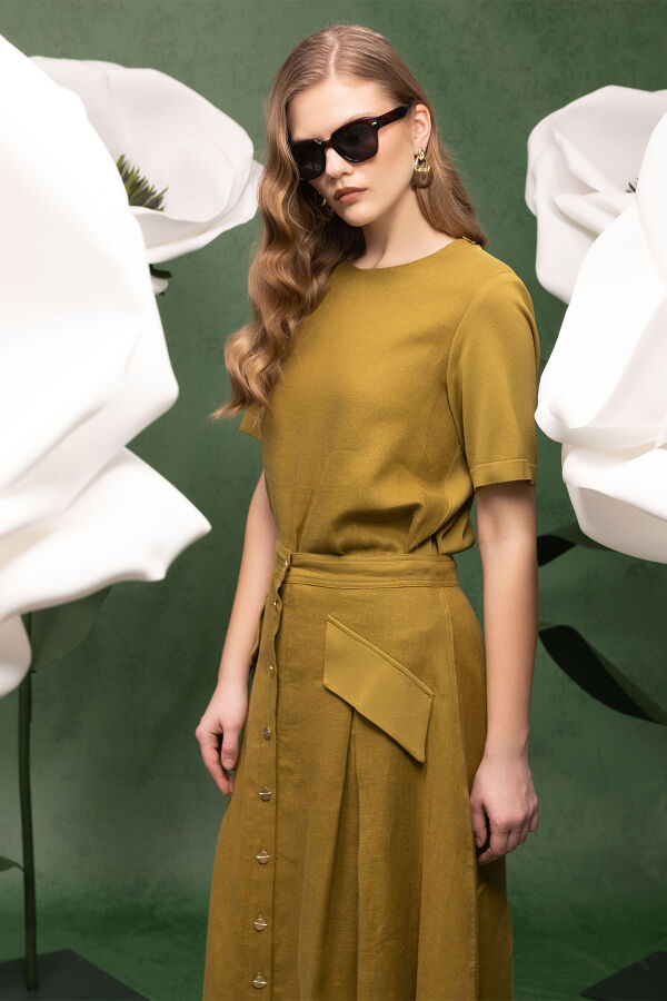 Kısa Kollu Keten Basic Tunik Amber - 5