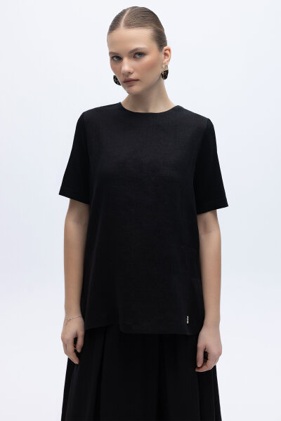 Kısa Kollu Keten Basic Tunik Siyah - MISS DALIDA