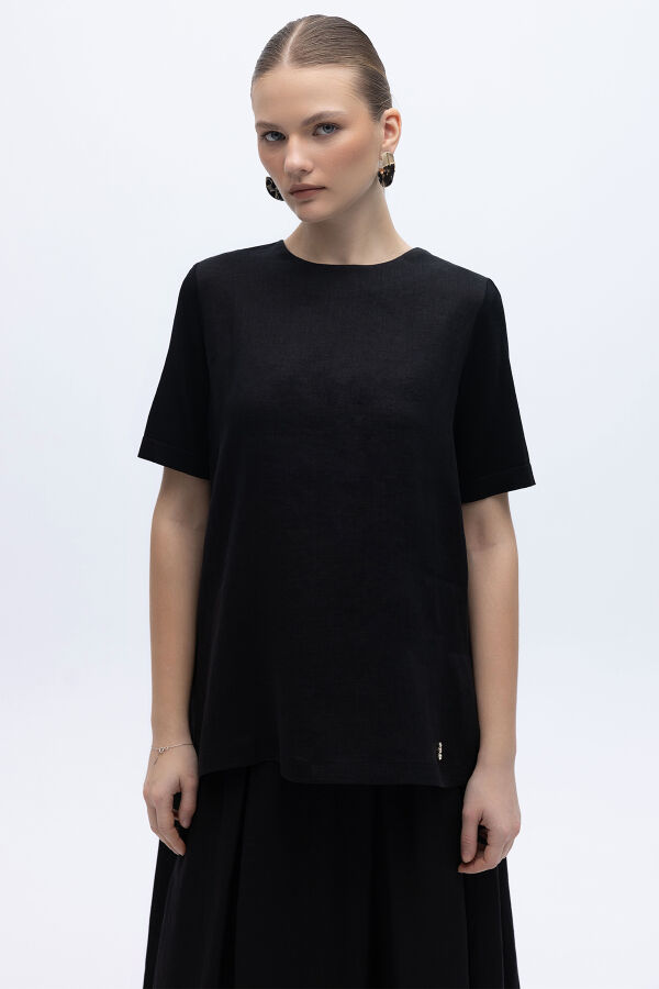 Kısa Kollu Keten Basic Tunik Siyah - 1