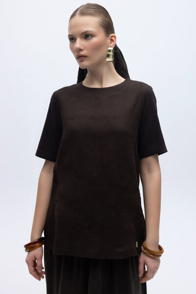 Kısa Kollu Keten Basic Tunik Kahverengi - 1