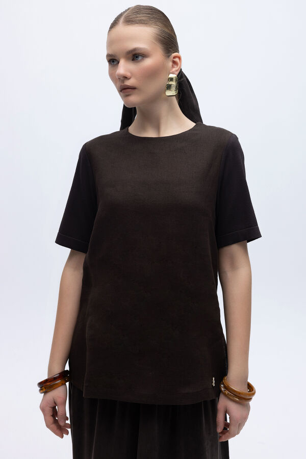 Kısa Kollu Keten Basic Tunik Kahverengi - 1