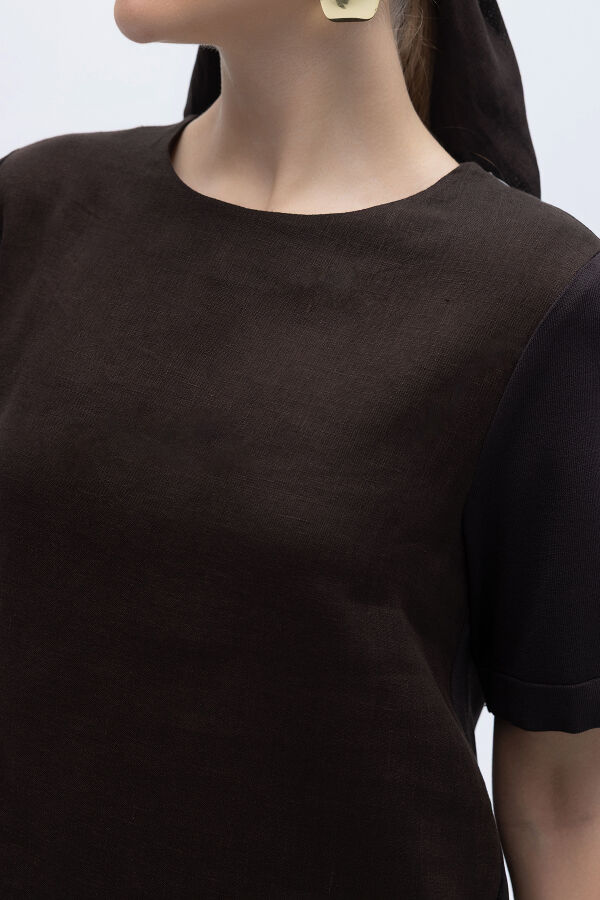 Kısa Kollu Keten Basic Tunik Kahverengi - 2