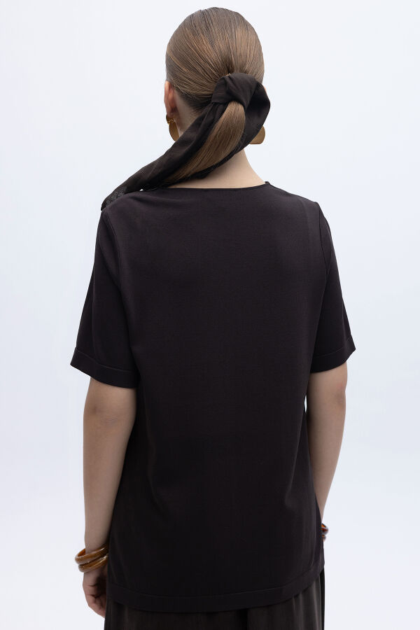 Kısa Kollu Keten Basic Tunik Kahverengi - 3