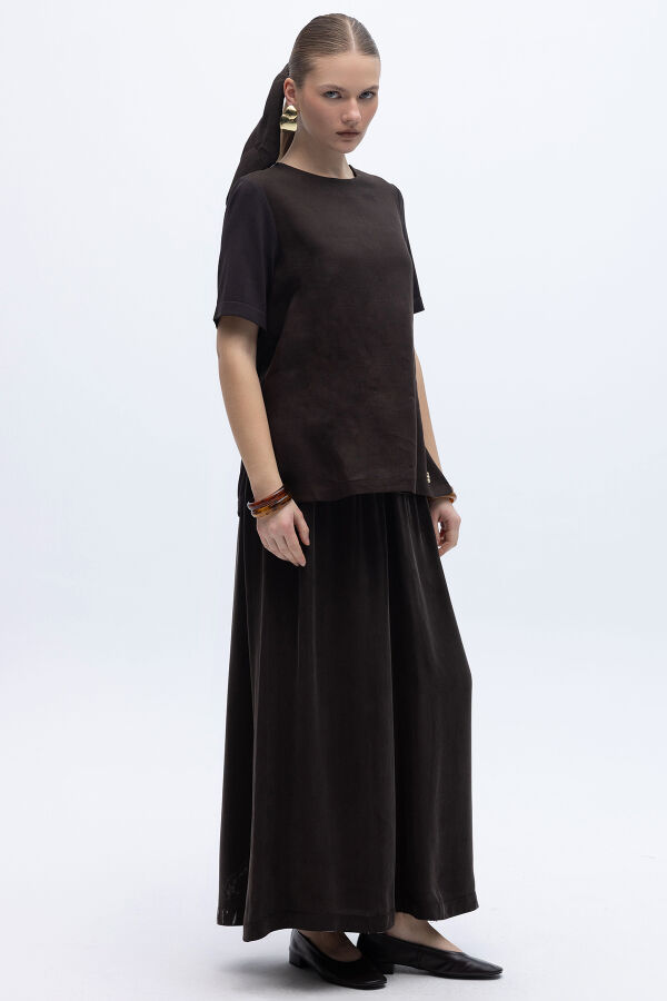 Kısa Kollu Keten Basic Tunik Kahverengi - 4