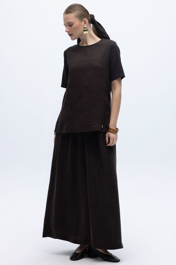 Kısa Kollu Keten Basic Tunik Kahverengi - 5