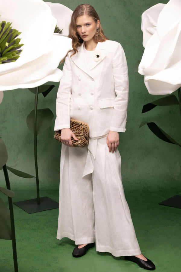 Kısa Kollu Keten Basic Tunik Ekru - 2