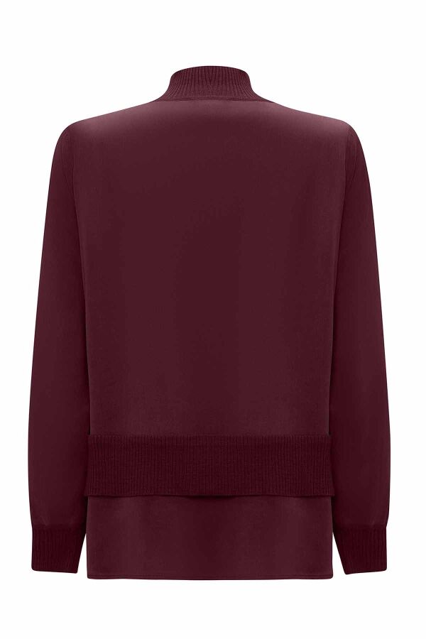 Knitted Band Detailed Cupro Burgundy Tunic - 2