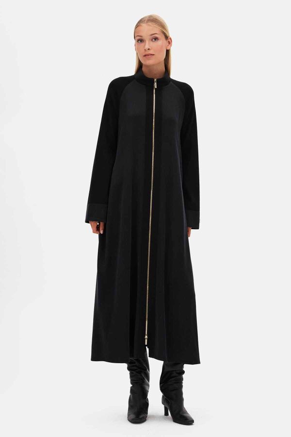 Knitted-Cupro Zipped Long Black Coat - 2