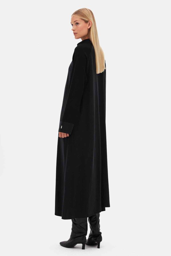 Knitted-Cupro Zipped Long Black Coat - 3