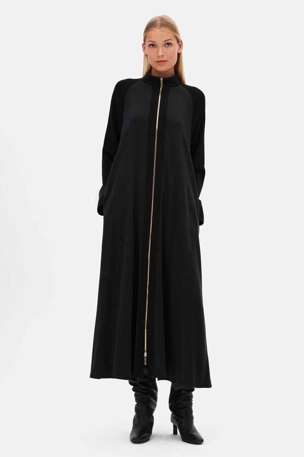 Knitted-Cupro Zipped Long Black Coat - 1