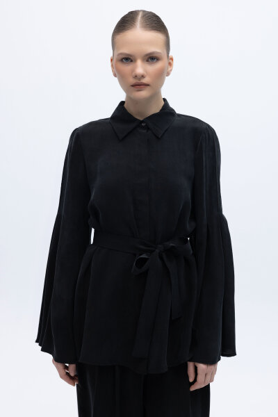 Kol Detaylı Cupro Gömlek Siyah 