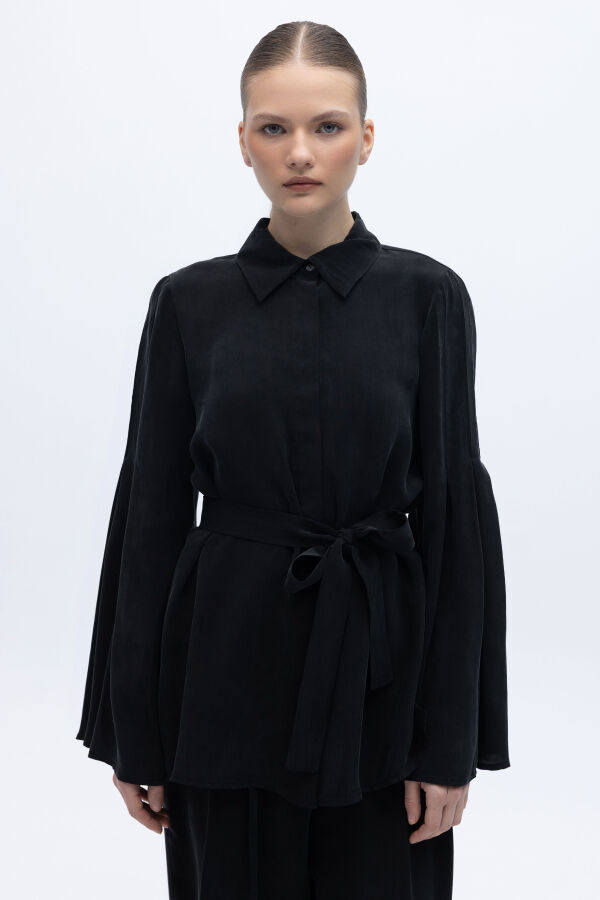 Kol Detaylı Cupro Gömlek Siyah - 1