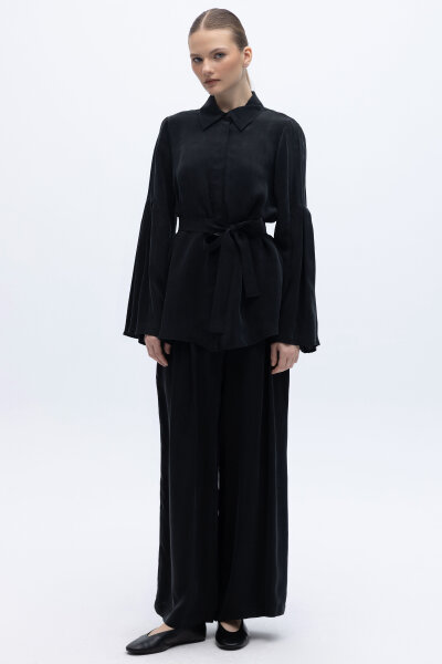 Kol Detaylı Cupro Gömlek Siyah - 4