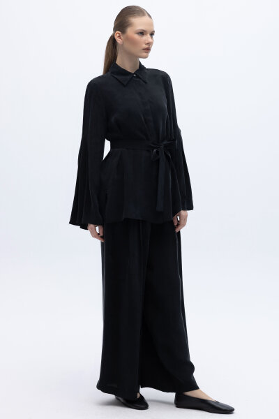 Kol Detaylı Cupro Gömlek Siyah - 5