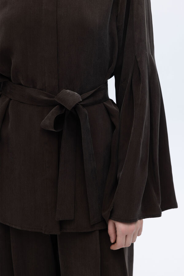 Kol Detaylı Cupro Gömlek Kahverengi - 2