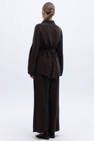 Kol Detaylı Cupro Gömlek Kahverengi - 3