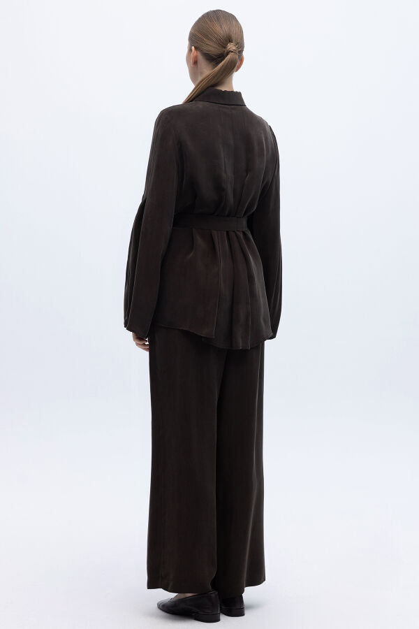 Kol Detaylı Cupro Gömlek Kahverengi - 3