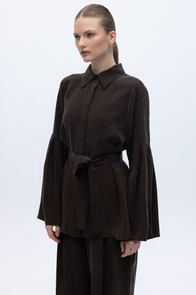 Kol Detaylı Cupro Gömlek Kahverengi - 5