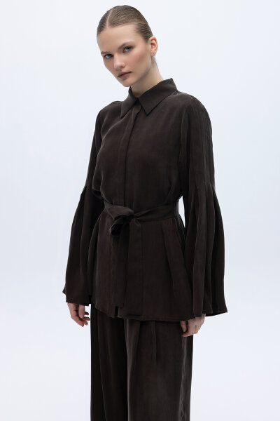 Kol Detaylı Cupro Gömlek Kahverengi - 6