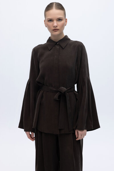 Kol Detaylı Cupro Gömlek Kahverengi - MISS DALIDA