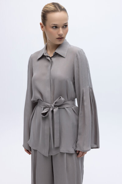 Kol Detaylı Cupro Gömlek Gri 