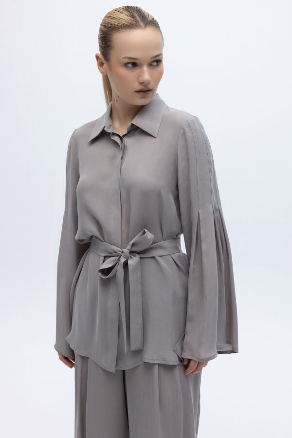 Kol Detaylı Cupro Gömlek Gri - 1