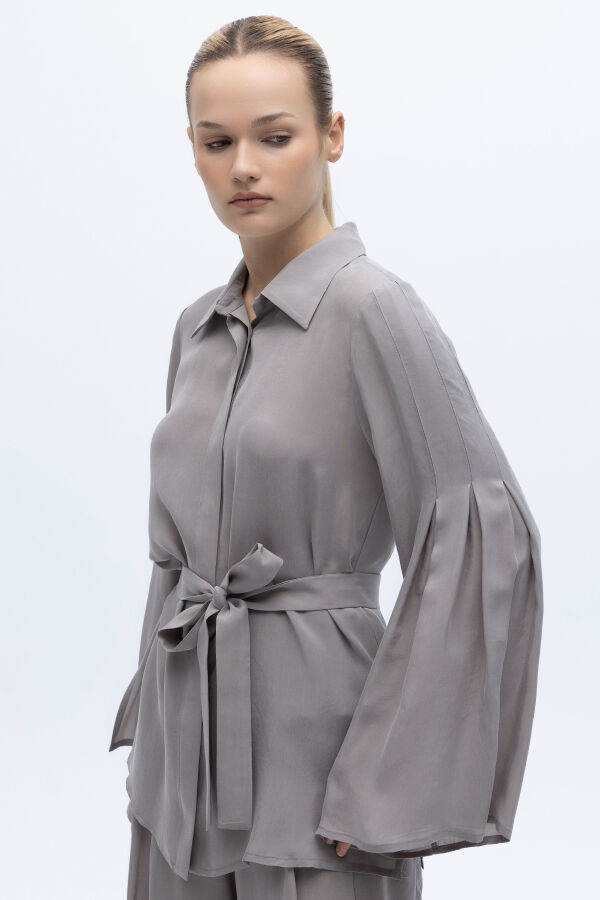 Kol Detaylı Cupro Gömlek Gri - 5