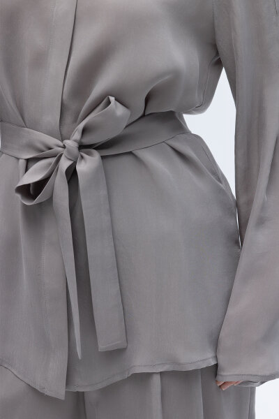 Kol Detaylı Cupro Gömlek Gri - 6