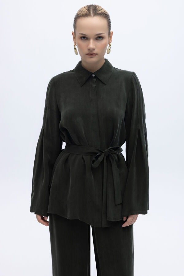 Kol Detaylı Cupro Gömlek Haki - 1