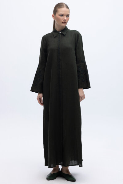 Kolları Nakışlı Uzun Keten Elbise Siyah - 1