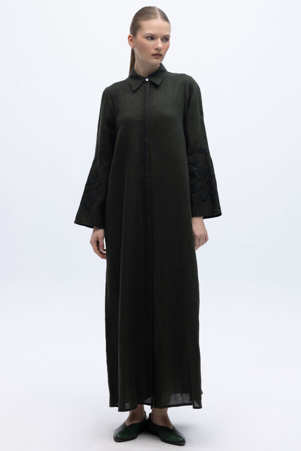Kolları Nakışlı Uzun Keten Elbise Siyah - 1