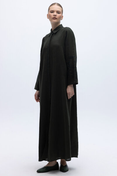 Kolları Nakışlı Uzun Keten Elbise Siyah - 2