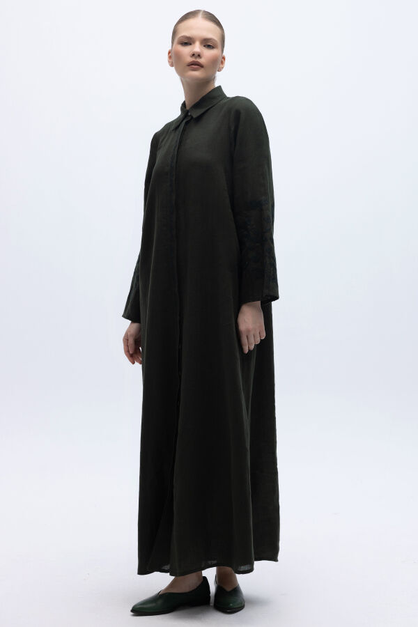 Kolları Nakışlı Uzun Keten Elbise Siyah - 2